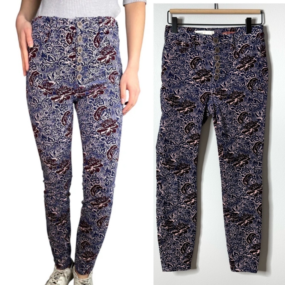 Anthropologie Pilcro Corduroy High Rise Skinny Jeans Floral Fall Print Purple